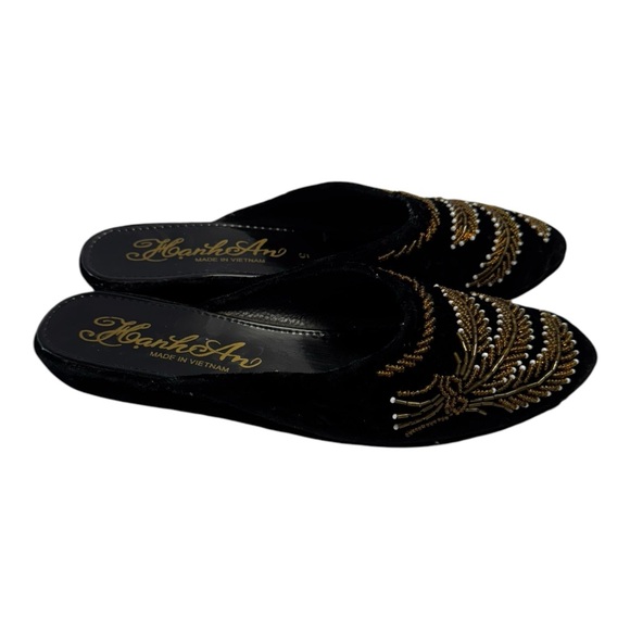 Huma Blanco HAND BEADED Slippers Black Velvet Elegant Beaded size 9 US women - Picture 4 of 8